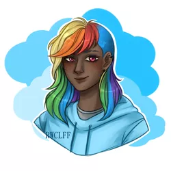 Size: 3000x3000 | Tagged: safe, artist:rowcliffe, derpibooru import, rainbow dash, human, alternate hairstyle, blackwashing, clothes, dark skin, ear piercing, earring, female, freckles, hoodie, humanized, image, jewelry, nigger, piercing, png, shirt, simple background, solo, t-shirt, white background