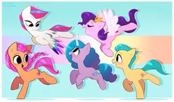 Size: 2218x1291 | Tagged: safe, artist:syrupyyy, derpibooru import, hitch trailblazer, izzy moonbow, pipp petals, sunny starscout, zipp storm, earth pony, pegasus, pony, unicorn, my little pony: a new generation, spoiler:my little pony: a new generation, cute, female, flying, g5, g5 to g4, image, mane five (g5), mare, markings, open mouth, png, raised hoof, raised leg, siblings, siters, twins, unshorn fetlocks