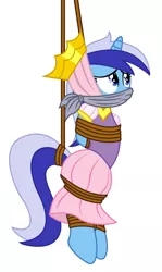 Size: 2270x3802 | Tagged: safe, artist:radiantrealm, derpibooru import, edit, minuette, pony, unicorn, bondage, bound and gagged, cloth gag, clothes, costume, crown, female, gag, image, jewelry, mare, over the nose gag, png, regalia, rope, rope bondage, simple background, solo, tied up, transparent background, unicorn tribe