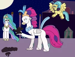 Size: 3126x2383 | Tagged: safe, artist:supahdonarudo, derpibooru import, princess celestia, princess skystar, queen novo, storm king, alicorn, classical hippogriff, hippogriff, my little pony: the movie, broken, crying, emotional, holding, image, night, png, regret, shattered, story included, tears of pain