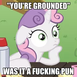 Size: 1036x1036 | Tagged: safe, derpibooru import, sweetie belle, my little pony: the movie, caption, exploitable meme, grounded, image, image macro, implied princess skystar, implied queen novo, meme, obligatory pony, png, solo, sudden clarity sweetie belle, text, vulgar