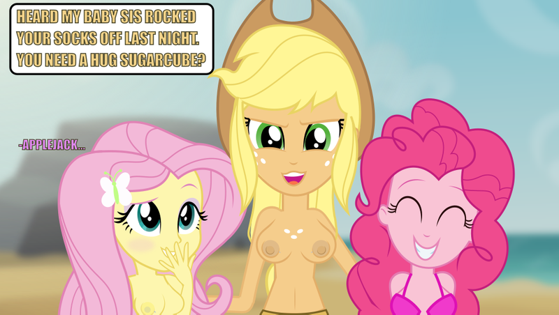 Size: 980x554 | Tagged: questionable, artist:cheesepuffs, derpibooru import, applejack, fluttershy, pinkie pie, equestria girls, applejack's hat, breasts, busty applejack, busty fluttershy, busty pinkie pie, chest freckles, clothes, cowboy hat, dialogue, eyes closed, eyeshadow, female, females only, freckles, grin, hat, image, implied apple bloom, laughing, makeup, nipples, nudity, open mouth, open smile, partial nudity, png, raised eyebrow, smiling, speech bubble, topless