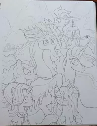 Size: 783x1021 | Tagged: safe, artist:gojira1604shinomura, derpibooru import, cozy glow, discord, fluttershy, lord tirek, princess celestia, princess twilight 2.0, queen chrysalis, rainbow dash, starlight glimmer, tank, twilight sparkle, twilight sparkle (alicorn), alicorn, draconequus, earth pony, pegasus, pony, unicorn, the last problem, aged, group, image, jpeg, lines, older, older twilight, sketch