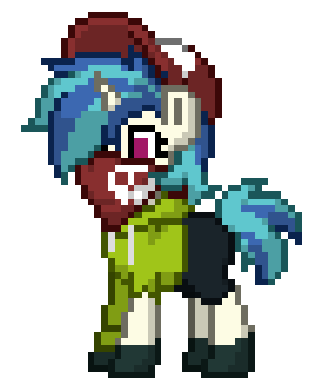 Size: 364x438 | Tagged: safe, artist:funkypon3, derpibooru import, vinyl scratch, oc, oc:funky dealer, pony, pony town, alter ego, alternate design, alternate hairstyle, bandana, baseball cap, cap, clothes, hat, hoodie, image, png, ripped sleeves, shorts, simple background, skull, transparent background