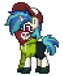 Size: 364x438 | Tagged: safe, artist:funkypon3, derpibooru import, vinyl scratch, oc, oc:funky dealer, pony, pony town, alter ego, alternate design, alternate hairstyle, bandana, baseball cap, cap, clothes, hat, hoodie, image, png, ripped sleeves, shorts, simple background, skull, transparent background