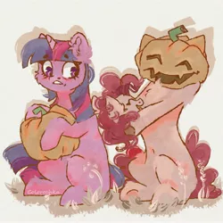 Size: 4000x4000 | Tagged: safe, artist:colorochka, derpibooru import, pinkie pie, twilight sparkle, earth pony, pony, unicorn, absurd resolution, cheek fluff, chest fluff, duo, ear fluff, female, halloween, headless, holiday, image, jack-o-lantern, jpeg, mare, modular, pinkie being pinkie, pinkie logic, pumpkin, sitting, unicorn twilight