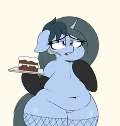 Size: 1792x1872 | Tagged: suggestive, artist:blitzyflair, derpibooru import, oc, oc:blitzy flair, pony, unicorn, belly button, cake, chubby, clothes, fat, female, fishnets, floppy ears, food, freckles, image, jpeg, lidded eyes, mare, open mouth, plump, simple background, socks, solo, stockings, thick, thigh highs, wide hips