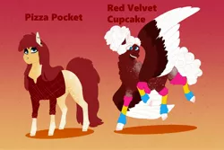 Size: 3000x2000 | Tagged: safe, artist:inisealga, derpibooru import, oc, oc:pizza pockets, oc:red velvet cupcake, unofficial characters only, earth pony, pegasus, pony, clothes, earth pony oc, female, females only, flannel, image, jpeg, mare, offspring, parent:cheese sandwich, parent:pinkie pie, parents:cheesepie, pegasus oc, simple background, socks, wings
