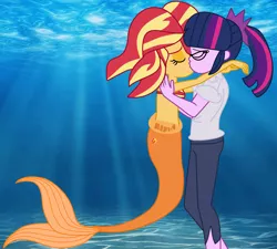 Size: 2220x1998 | Tagged: safe, artist:jadethepegasus, derpibooru import, sci-twi, sunset shimmer, twilight sparkle, mermaid, fanfic:sunset shimmer discovers her feet, equestria girls, female, image, kissing, lesbian, mermaid tail, mermaidized, png, scitwishimmer, shipping, species swap, sunsetsparkle, underwater