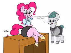 Size: 3499x2623 | Tagged: safe, artist:datzigga, derpibooru import, cloudy quartz, pinkie pie, earth pony, pony, semi-anthro, clothes, crossed legs, desk, glasses, heels on a horse, high heels, image, pencil skirt, png, shoes