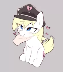 Size: 1483x1689 | Tagged: safe, artist:shinodage, ponybooru import, oc, oc:aryanne, unofficial characters only, earth pony, human, pony, aryanbetes, behaving like a dog, blonde, blonde hair, blushing, cute, disembodied hand, eye clipping through hair, female, floating heart, gray background, hair, hand, hat, heart, high res, image, lidded eyes, looking at you, mare, nazi, nazipone, peaked cap, petting, png, simple background, sitting, smiling, solo, tail wag
