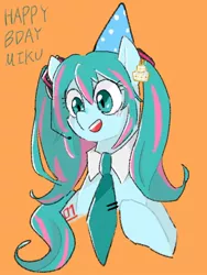 Size: 768x1024 | Tagged: safe, artist:metaruscarlet, derpibooru import, kotobukiya, ponified, earth pony, pony, anime, birthday, birthday cake, cake, cute, ear piercing, earring, female, food, hat, hatsune miku, headset, image, jewelry, jpeg, kotobukiya hatsune miku pony, mare, necktie, open mouth, orange background, party hat, piercing, simple background, solo, vocaloid