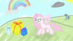 Size: 1280x720 | Tagged: safe, artist:theflint44, derpibooru import, oc, oc:flintie, oc:the little pony, alicorn, pony, unicorn, fanfic, fanfic:a little pony's story, cloud, dark clouds, derpibooru exclusive, fanfic art, fanfic cover, grass, grass field, image, png, present, rainbow, sun, sun ray