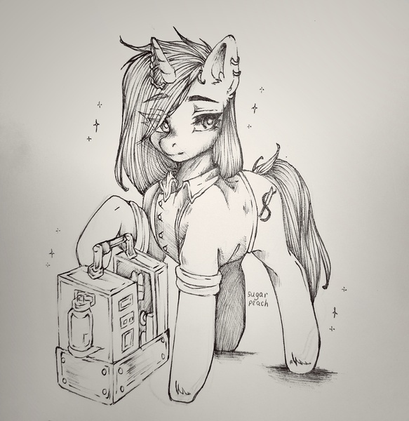 Size: 2917x3000 | Tagged: safe, artist:sugar peach, derpibooru import, oc, oc:claret heartthrob, unofficial characters only, unicorn, crossover, doctor, eye clipping through hair, goth, horn, image, jpeg, medic, medicae, medical pony, medikit, monochrome, pierced ears, piercing, solo, traditional art, unicorn oc, warhammer (game), warhammer 40k