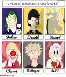 Size: 3000x3500 | Tagged: safe, artist:helluvashitposter, derpibooru import, discord, draconequus, human, six fanarts, cherri bomb, crossover, dc comics, female, grin, hazbin hotel, helluva boss, image, kfc, male, my hero academia, png, sanders sides, smiling, the joker