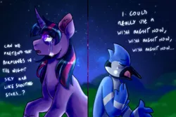 Size: 3000x2000 | Tagged: safe, artist:eternalthemandarin06, derpibooru import, twilight sparkle, anthro, bird, blue jay, pony, unicorn, airplanes (song), anthro with ponies, crossover, crossover shipping, crying, duo, eyes closed, female, high res, image, male, mare, meme, mordecai, mordetwi, night, no more ponies at source, open mouth, png, redraw mordetwi meme, regular show, shipping, straight, unicorn twilight