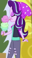 Size: 1920x3418 | Tagged: safe, derpibooru import, screencap, starlight glimmer, equestria girls, mirror magic, spoiler:eqg specials, cropped, eyes closed, female, food, hat, ice cream, ice cream cone, image, jpeg, open mouth, solo, that human sure does love ice cream
