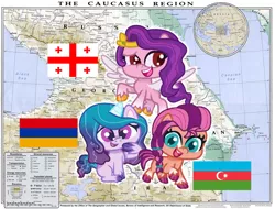 Size: 1208x916 | Tagged: safe, derpibooru import, izzy moonbow, pipp petals, sunny starscout, armenia, azerbaijan, eqg flag-tag meme, g5, georgia (country), image, map, png, transcaucasia