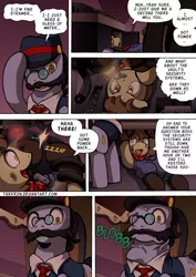 Size: 2408x3400 | Tagged: safe, artist:tarkron, author:bigonionbean, derpibooru import, all aboard, steamer, oc, changeling, earth pony, pony, comic:fusing the fusions, comic:time of the fusions, background pony, bulges, clothes, comic, commissioner:bigonionbean, conductor, conductor hat, cutie mark, dialogue, dirty, engineer, female, flashlight (object), friendship express, glasses, gloves, glowing eyes, hat, horn, image, light, lights, looking at you, magic, male, noises, panel, png, rain, random pony, shedding, shocked, stallion, storm, straight, train, transformation, transformation sequence, vein bulge, window, wings