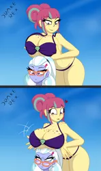 Size: 1211x2048 | Tagged: suggestive, artist:drake-rex, derpibooru import, sour sweet, sugarcoat, surprise, equestria girls, :3, annoyed, big breasts, bikini, body freckles, boob freckles, boobhat, breasts, chest freckles, clothes, duo, duo female, female, freckles, glasses, hips, huge breasts, image, png, shoulder freckles, sugarcoat is not amused, swimsuit, titty drop, titty flop, unamused