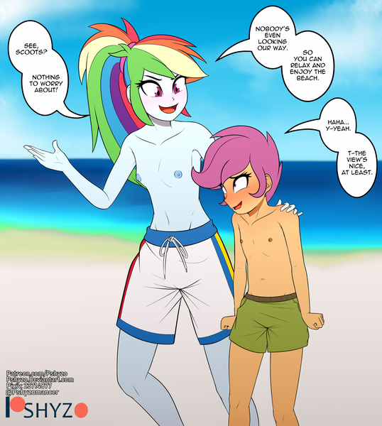 Size: 1419x1584 | Tagged: questionable, artist:pshyzomancer, banned from derpibooru, edit, ponybooru import, rainbow dash, scootaloo, human, equestria girls, adonis belt, adorasexy, blushing, breasts, child, clothes, cute, cutealoo, dashabetes, delicious flat chest, embarrassed, exhibitionism, female, image, implied lesbian, implied scootadash, implied shipping, lolicon, male swimwear challenge, nipples, nudity, partial nudity, png, public nudity, rainbow flat, scootaflat, sexy, small breasts, swim trunks, topless, underage, young