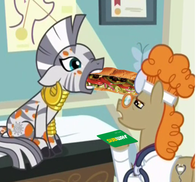 Size: 1672x1548 | Tagged: safe, derpibooru import, edit, edited screencap, editor:apatheticxaddict, screencap, doctor muffin top, zecora, earth pony, pony, zebra, a health of information, ear piercing, food, gift card, image, meme, neck rings, piercing, png, sandwich, subway