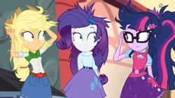 Size: 3410x1920 | Tagged: safe, derpibooru import, screencap, applejack, rarity, sci-twi, twilight sparkle, equestria girls, movie magic, spoiler:eqg specials, applejack's hat, belt, clothes, cowboy hat, cutie mark, cutie mark on clothes, denim skirt, female, geode of telekinesis, glasses, hairpin, hat, high res, image, jewelry, jpeg, looking at each other, magical geodes, messy hair, necklace, ponytail, skirt