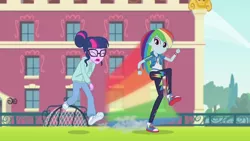 Size: 3410x1920 | Tagged: safe, derpibooru import, screencap, rainbow dash, sci-twi, twilight sparkle, equestria girls, equestria girls series, stressed in show, stressed in show: rainbow dash, spoiler:eqg series (season 2), canterlot high, clothes, cute, cutie mark, cutie mark on clothes, dashabetes, eyes closed, female, geode of super speed, glasses, high res, hoodie, image, jewelry, jpeg, magical geodes, necklace, open mouth, ponytail, rainbow trail, running, shoes, smiling, sneakers