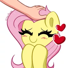 Size: 2550x2255 | Tagged: safe, artist:kittyrosie, derpibooru import, fluttershy, human, pegasus, pony, blushing, cute, eyes closed, floating heart, hand, heart, image, petting, png, shyabetes