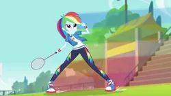 Size: 3410x1920 | Tagged: safe, derpibooru import, screencap, rainbow dash, equestria girls, equestria girls series, stressed in show, stressed in show: rainbow dash, spoiler:eqg series (season 2), clothes, cutie mark, cutie mark on clothes, female, geode of super speed, high res, hoodie, image, jewelry, jpeg, magical geodes, necklace, racket, rainbow trail, shoes, smiling, sneakers, solo