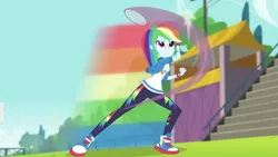 Size: 3410x1920 | Tagged: safe, derpibooru import, screencap, rainbow dash, equestria girls, equestria girls series, stressed in show, stressed in show: rainbow dash, spoiler:eqg series (season 2), clothes, cutie mark, cutie mark on clothes, female, high res, hoodie, image, jewelry, jpeg, racket, rainbow trail, shoes, smiling, sneakers, solo