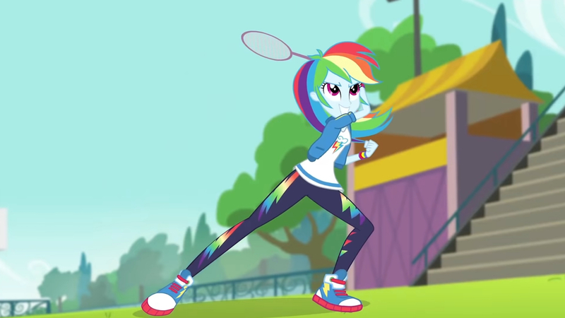 Size: 3410x1920 | Tagged: safe, derpibooru import, screencap, rainbow dash, equestria girls, equestria girls series, stressed in show, stressed in show: rainbow dash, spoiler:eqg series (season 2), clothes, cutie mark, cutie mark on clothes, female, grin, high res, hoodie, image, jewelry, jpeg, racket, shoes, smiling, sneakers, solo