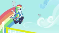 Size: 3410x1920 | Tagged: safe, derpibooru import, screencap, rainbow dash, equestria girls, equestria girls series, stressed in show, stressed in show: rainbow dash, spoiler:eqg series (season 2), clothes, cutie mark, cutie mark on clothes, female, geode of super speed, high res, hoodie, image, jewelry, jpeg, jumping, magical geodes, necklace, racket, rainbow trail, shoes, smiling, sneakers, solo