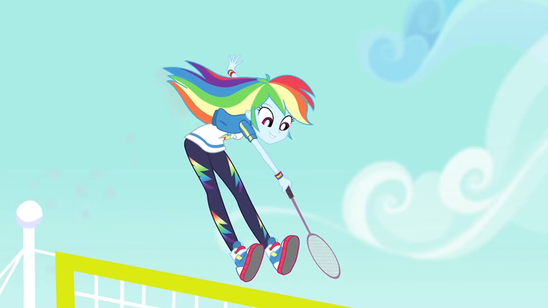 Size: 3410x1920 | Tagged: safe, derpibooru import, screencap, rainbow dash, equestria girls, equestria girls series, stressed in show, stressed in show: rainbow dash, spoiler:eqg series (season 2), clothes, cutie mark, cutie mark on clothes, female, high res, hoodie, image, jewelry, jpeg, jumping, racket, shoes, smiling, sneakers, solo