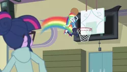 Size: 3410x1920 | Tagged: safe, derpibooru import, screencap, rainbow dash, sci-twi, twilight sparkle, equestria girls, equestria girls series, stressed in show, stressed in show: rainbow dash, spoiler:eqg series (season 2), basket, basketball, basketball court, basketball net, clothes, cutie mark, cutie mark on clothes, female, geode of super speed, glasses, high res, hoodie, image, jewelry, jpeg, jumping, magical geodes, necklace, open mouth, ponytail, rainbow trail, shoes, sneakers, sports