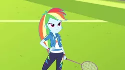 Size: 3410x1920 | Tagged: safe, derpibooru import, screencap, rainbow dash, equestria girls, equestria girls series, stressed in show, stressed in show: rainbow dash, spoiler:eqg series (season 2), clothes, cutie mark, cutie mark on clothes, female, geode of super speed, hand on hip, high res, hoodie, image, jewelry, jpeg, magical geodes, necklace, racket, smiling, solo