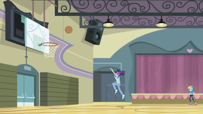 Size: 3410x1920 | Tagged: safe, derpibooru import, screencap, rainbow dash, sci-twi, twilight sparkle, equestria girls, equestria girls series, stressed in show, stressed in show: rainbow dash, spoiler:eqg series (season 2), basket, basketball, basketball court, basketball net, clothes, cutie mark, cutie mark on clothes, female, geode of super speed, glasses, high res, hoodie, image, jewelry, jpeg, magical geodes, necklace, ponytail, shoes, smiling, sneakers, sports