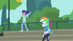 Size: 3410x1920 | Tagged: safe, derpibooru import, screencap, rainbow dash, sci-twi, twilight sparkle, equestria girls, equestria girls series, stressed in show, stressed in show: rainbow dash, spoiler:eqg series (season 2), clothes, cutie mark, cutie mark on clothes, eyes closed, female, geode of super speed, glasses, high res, hoodie, image, jewelry, jpeg, magical geodes, necklace, open mouth, ponytail