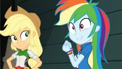 Size: 3410x1920 | Tagged: safe, derpibooru import, screencap, applejack, rainbow dash, equestria girls, movie magic, spoiler:eqg specials, applejack's hat, belt, clothes, cowboy hat, cute, cutie mark, cutie mark on clothes, dashabetes, female, geode of super speed, hand on hip, hat, high res, image, jewelry, jpeg, magical geodes, necklace, smiling