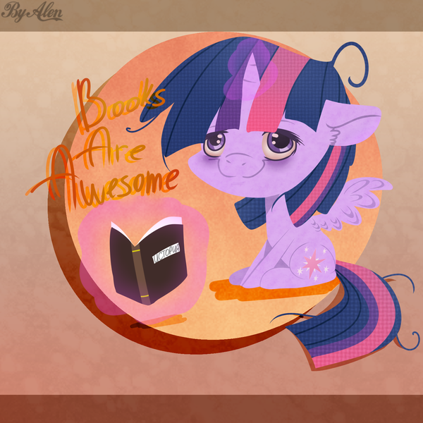 Size: 1500x1500 | Tagged: safe, artist:gnidagovnida, derpibooru import, twilight sparkle, twilight sparkle (alicorn), alicorn, pony, bags under eyes, book, bookhorse, chibi, cyrillic, floppy ears, image, magic, png, smiling, solo, stray strand, telekinesis, that pony sure does love books, tired