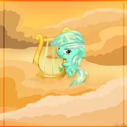 Size: 1500x1500 | Tagged: safe, artist:gnidagovnida, derpibooru import, lyra heartstrings, pony, unicorn, chibi, cloud, floppy ears, image, lyre, musical instrument, png, solo