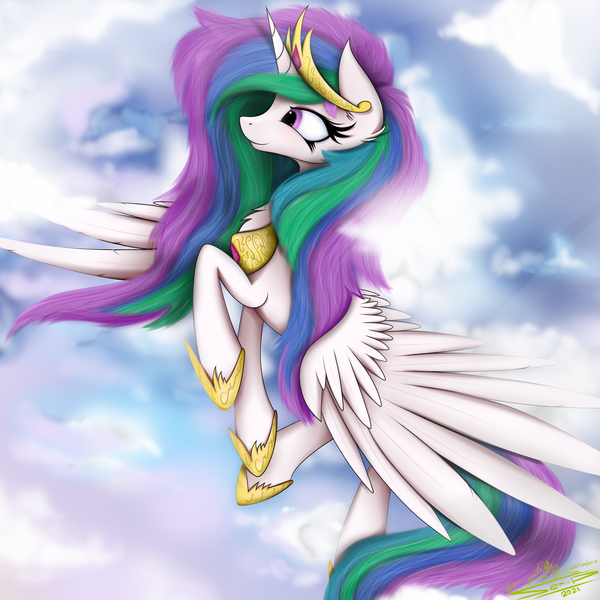 Size: 4000x4000 | Tagged: safe, artist:ser-p, derpibooru import, princess celestia, alicorn, pony, absurd resolution, cloud, crown, female, females only, flying, hoof shoes, image, jewelry, mare, png, regalia, sky, solo, solo female