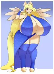 Size: 939x1280 | Tagged: suggestive, artist:kloudmutt, derpibooru import, oc, oc:golden queen harmony, unofficial characters only, alicorn, anthro, unguligrade anthro, absolute cleavage, alicorn oc, big breasts, blushing, breasts, cleavage, clothes, commission, digital art, dress, female, hair over one eye, horn, huge breasts, hyper, hyper breasts, image, impossibly large breasts, jpeg, looking at you, one eye closed, simple background, socks, solo, solo female, spread wings, stockings, tail, thigh highs, thighs, wide hips, wings