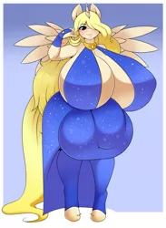Size: 939x1280 | Tagged: suggestive, alternate version, artist:kloudmutt, derpibooru import, oc, oc:golden queen harmony, unofficial characters only, alicorn, anthro, unguligrade anthro, absolute cleavage, alicorn oc, big breasts, blushing, bow, breasts, bulges, cleavage, clothes, commission, digital art, dress, futa, futa oc, hair bow, horn, huge breasts, hyper, hyper breasts, image, impossibly large breasts, intersex, jpeg, looking at you, one eye closed, simple background, socks, solo, solo futa, spread wings, stockings, tail, thigh highs, thighs, wide hips, wings
