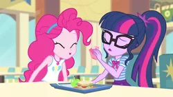 Size: 3410x1920 | Tagged: safe, derpibooru import, screencap, pinkie pie, sci-twi, twilight sparkle, equestria girls, equestria girls series, stressed in show, stressed in show: pinkie pie, spoiler:eqg series (season 2), apple, bowtie, clothes, cutie mark, cutie mark on clothes, eyes closed, female, food, geode of sugar bombs, geode of telekinesis, glasses, image, jewelry, jpeg, juice, juice box, magical geodes, necklace, open mouth, ponytail, sandwich, tanktop