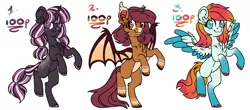 Size: 2320x1021 | Tagged: safe, artist:artfestation, derpibooru import, oc, unofficial characters only, bat pony, pegasus, pony, unicorn, base used, bat pony oc, bat wings, colored hooves, horn, image, pegasus oc, png, rearing, simple background, smiling, two toned wings, unicorn oc, white background, wings