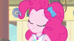 Size: 3410x1920 | Tagged: safe, derpibooru import, screencap, pinkie pie, equestria girls, equestria girls series, stressed in show, stressed in show: pinkie pie, spoiler:eqg series (season 2), close-up, clothes, cutie mark, cutie mark on clothes, eyes closed, female, geode of sugar bombs, image, jewelry, jpeg, magical geodes, necklace, smiling, solo, tanktop