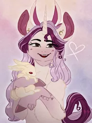 Size: 1536x2048 | Tagged: safe, artist:artfestation, derpibooru import, oc, unofficial characters only, pony, rabbit, unicorn, animal, bust, colored hooves, duo, hoof fluff, horn, image, jpeg, smiling, unicorn oc