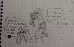 Size: 1080x686 | Tagged: safe, artist:diamond06mlp, derpibooru import, discord, fluttershy, draconequus, pegasus, pony, blushing, bust, collar, dialogue, duo, female, graph paper, image, jpeg, lineart, male, mare, pet tag, speech bubble, thought bubble, traditional art