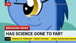 Size: 1280x720 | Tagged: safe, derpibooru import, blues, noteworthy, cyclops, break your own news, donny swineclop, has science gone too far?, image, implied twilight sparkle, meme, misspelling, news, news report, png